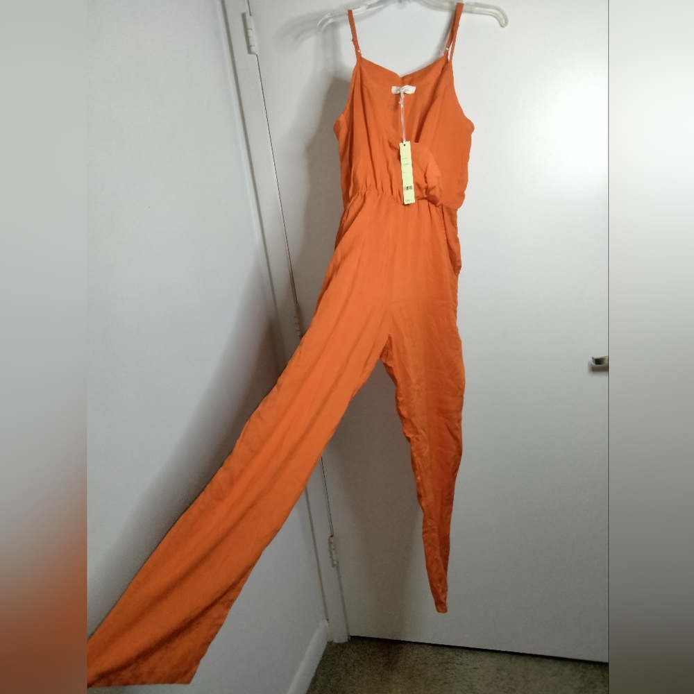 ICY Fashion (Size L) Orange Adjustable Strap 100% Rayon Jumpsuit (NEW-NWT)